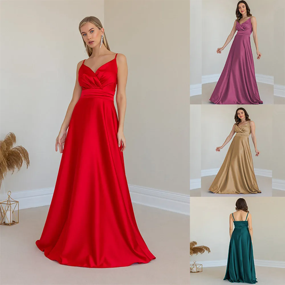 Women Elegant Soft Satin Party Dress Spaghetti V-neck Prom Evening Dress Fashion Sexy Slim Waist A-Line Formal Dresses