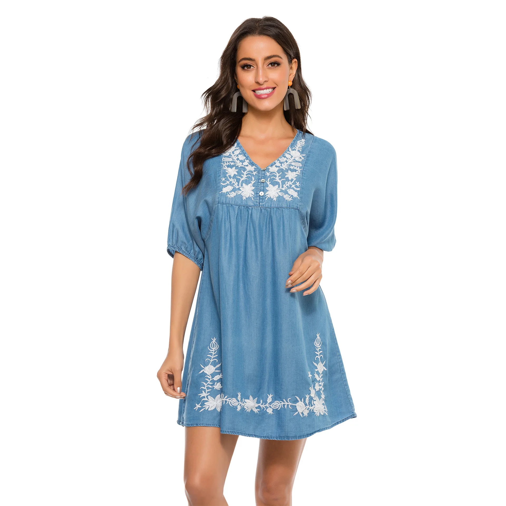 

Eaeovni Women's Summer Boho Embroidered Mexican Shirts long Sleeve Casual Tops Blouse Denim Peasant Blouse