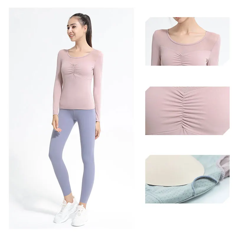 

Beautiful Back Yoga Wear Women's Long Sleeve T-shirt with Chest Pad Tight-fitting Sports Top with Pleated Mesh Gym Clothes Women