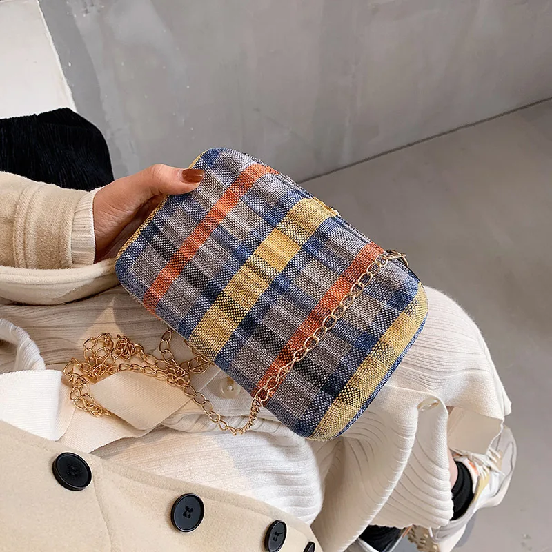 

Autumn Winter Retro Canvas Plaid Ladies One Shoulder Messenger Small Square Bag Mobile Phone Storage Wallet Purses and Handbags