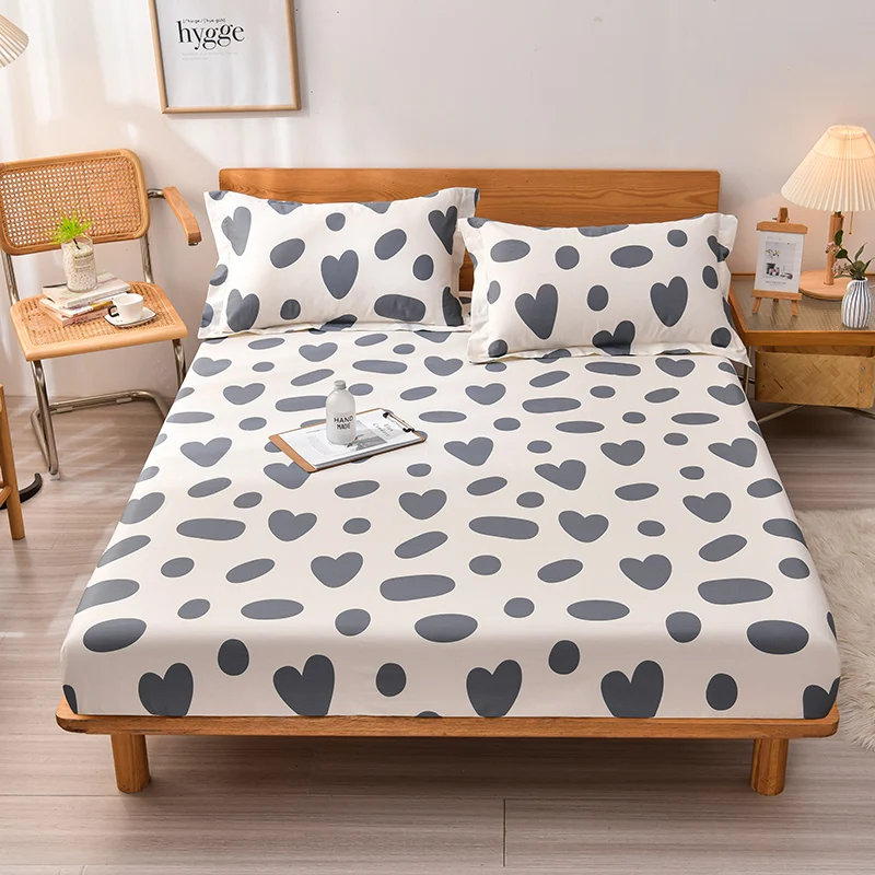 

Pure Cotton Fitted Sheet with Elastic Bands Heart Printed Bed Sheets Queen Double King Size Mattress Cover High Quality 180x200