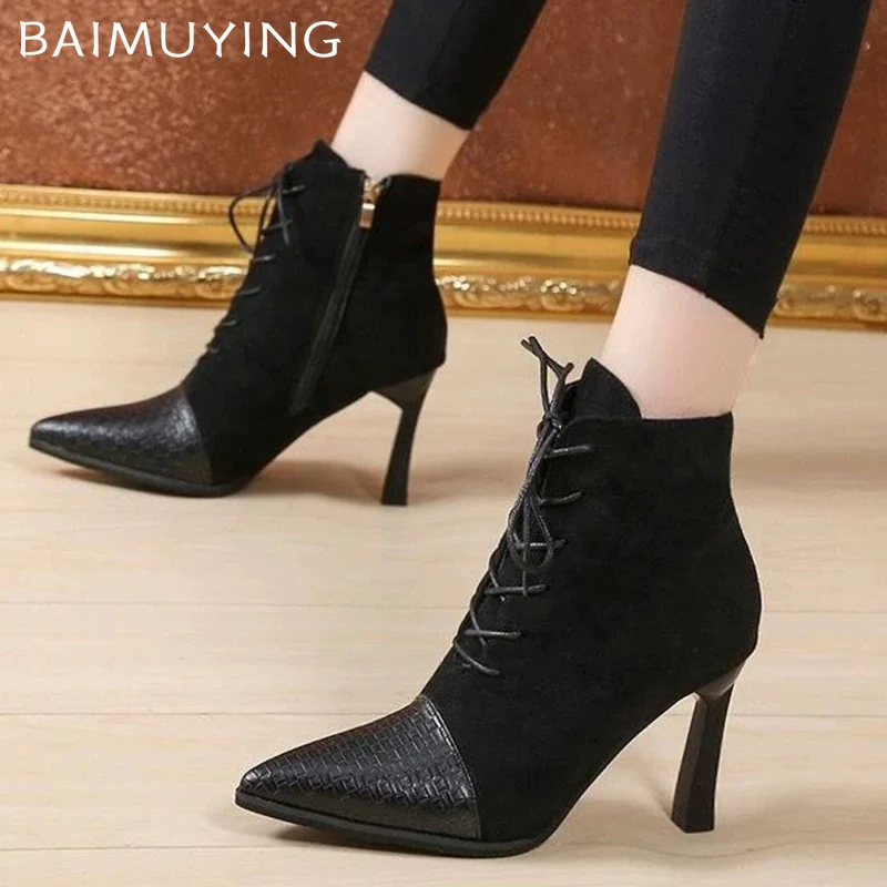 Замшевые женские ботильоны с острым носком пикантные туфли на высоком каблуке