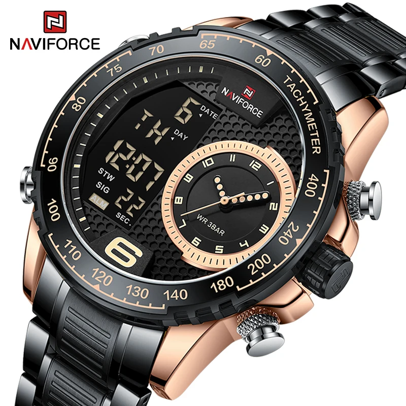 

Часы наручные NAVIFORCE Мужские кварцевые, люксовые брендовые аналоговые водонепроницаемые с двойным дисплеем, с будильником из нержавеющей стали