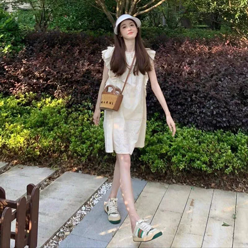 Женская одежда Новинка лета 2024 пляжная юбка без рукавов маленькое белое платье