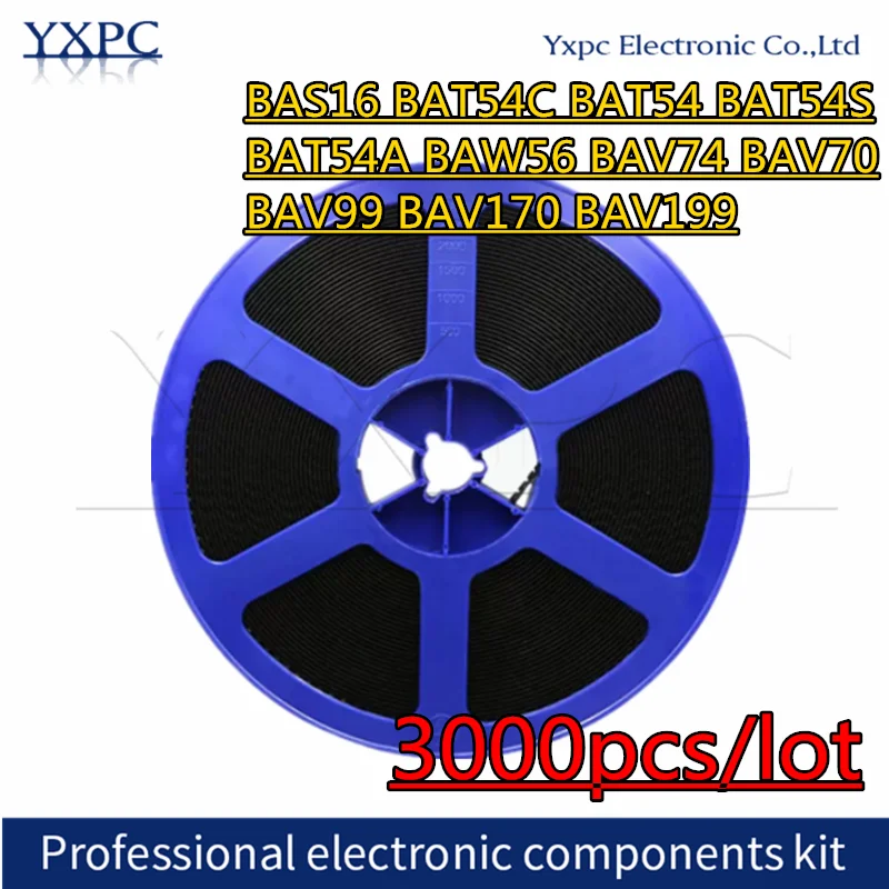 3000 шт., BAS16, A6, BAT54C, KL3, BAT54, KL1, BAT54S, KL4, BAT54A, KL2, BAW56, A1, A1W, bab74, JA, bab70, A4, bab99, A7, bab170, JX, bab199, JY, SOT23