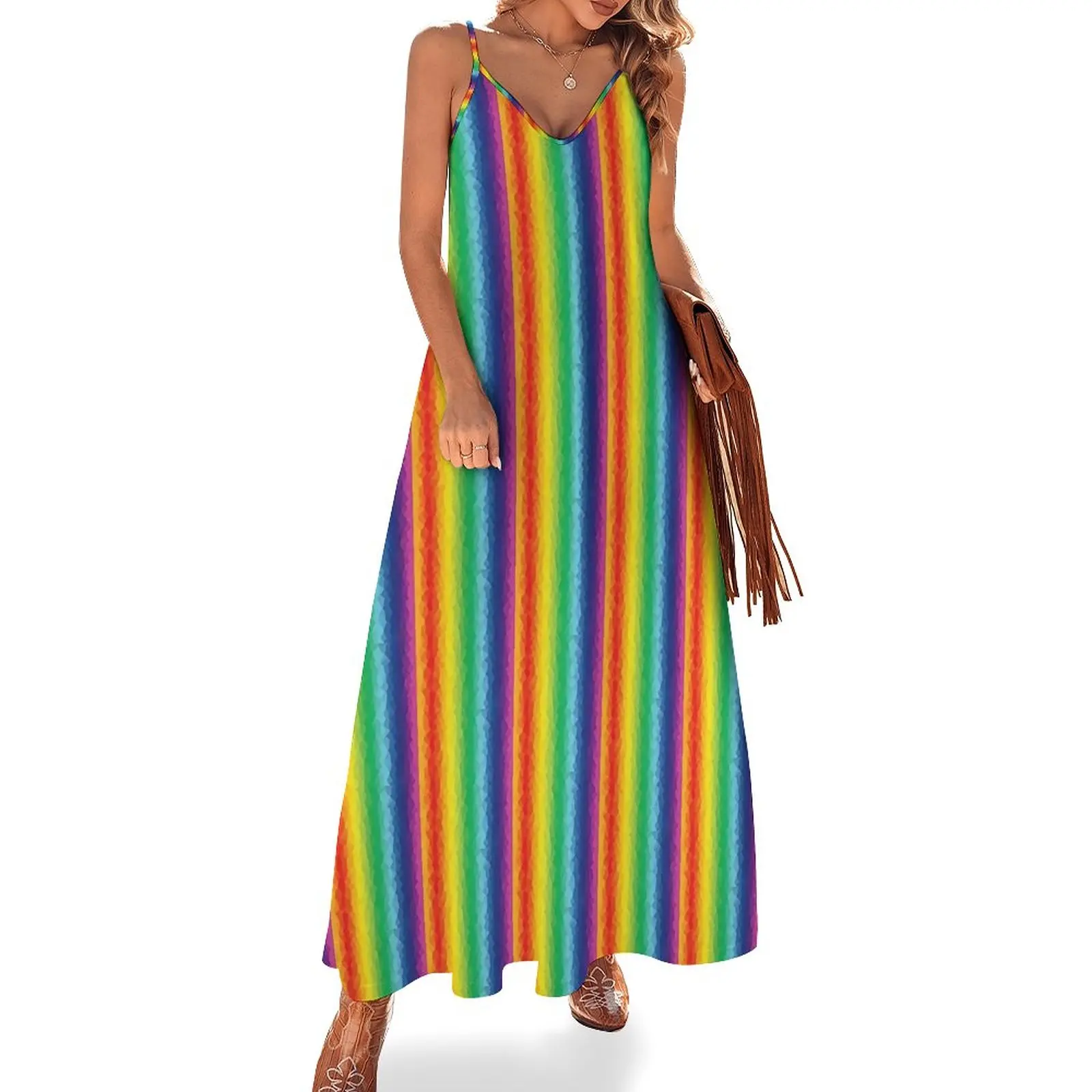 

Colorblock Dress Rainbow Stripes Sexy Maxi Dress Spaghetti Straps Street Style Boho Beach Long Dresses V Neck Oversize Clothes
