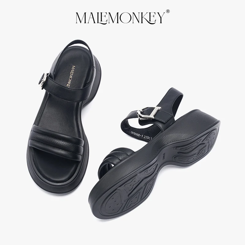 MALEMONKEY Chunky Sandals Women Leather 2023 New Outdoor Casual Retro Fashionable Open Toe Black Ladies Shoes Handmade Summer