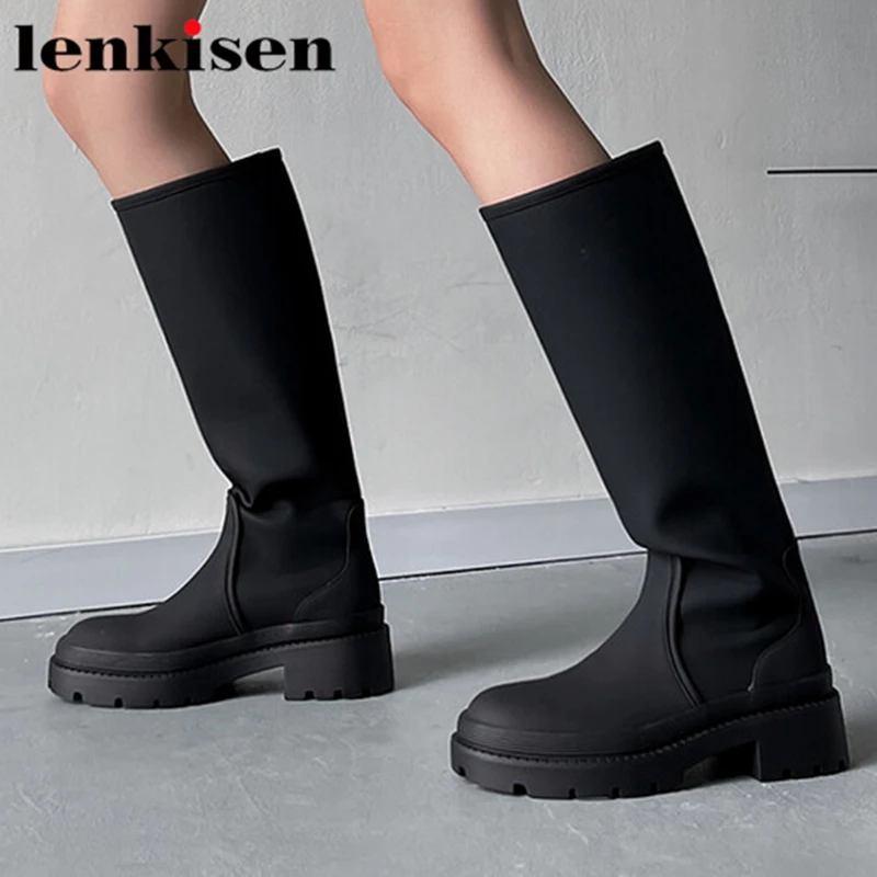 

Lenkisen Microfiber Leather Round Toe Mature Street Wear Superstar Equestrian Long Boots Thick Med Heels Winter Knee High Boots