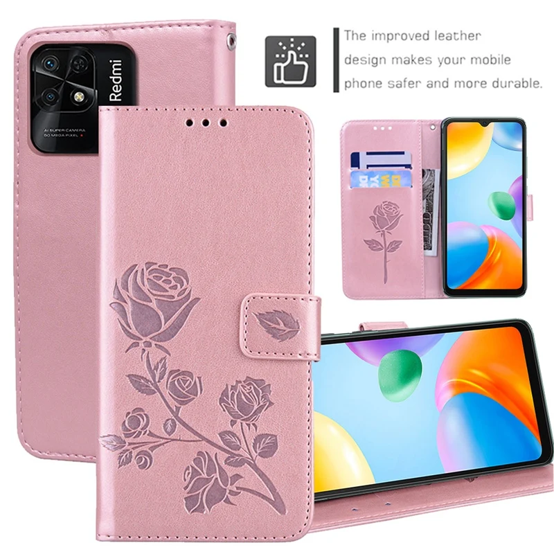 

Embossed Rose Stand Holder Flip Cover for Redmi 10C 10A 10 9C 9A 9T 8A Redmi Note 11 11 Pro 10 9 8 7 Pro Card Slots Wallet Case
