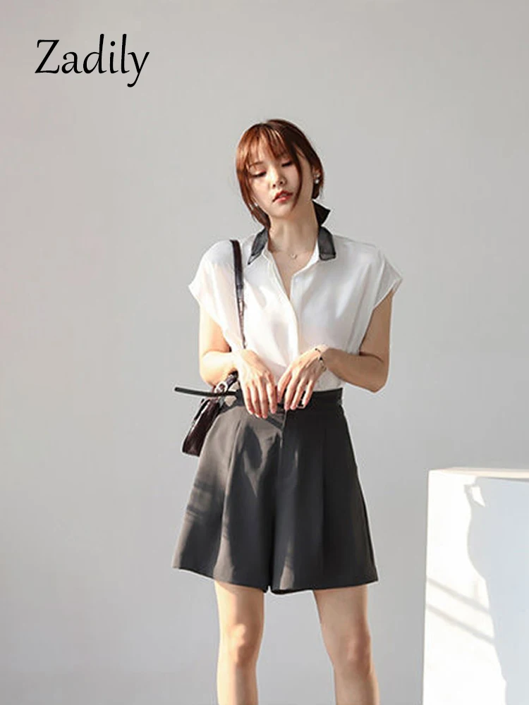 

Zadily 2023 Summer Office Lady Short Sleeve Woman Shirt Korea Style Button Up Patchwork Ladies Blouse Work Female Clothing Tops