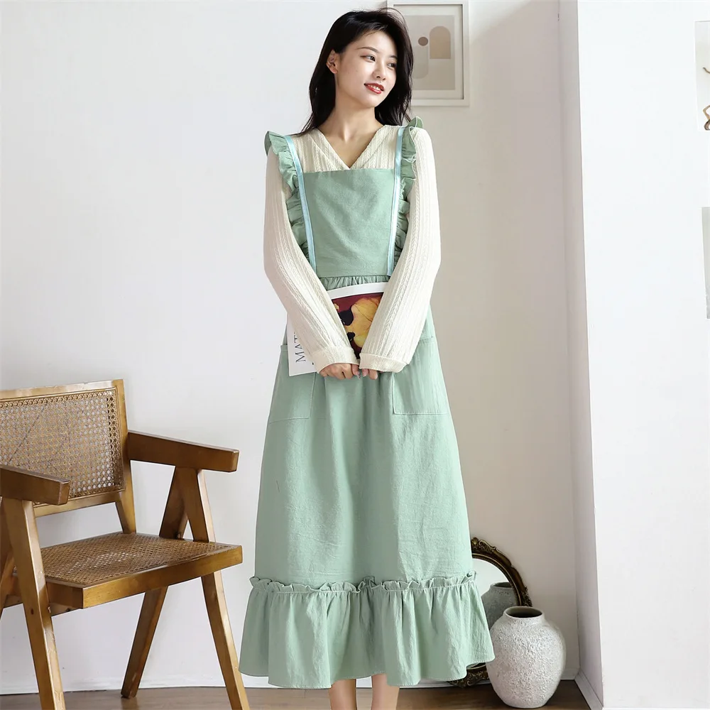 

Simple solid color pleated cotton and linen apron home kitchen art painting flower shop Korean version casual work clothes apron