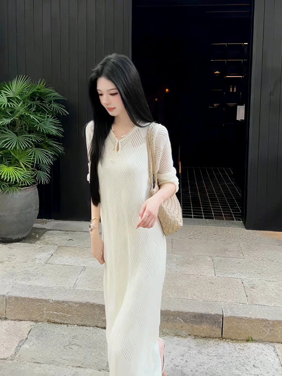 Элегантное однотонное платье во французском стиле для женщин ранняя осень 2024