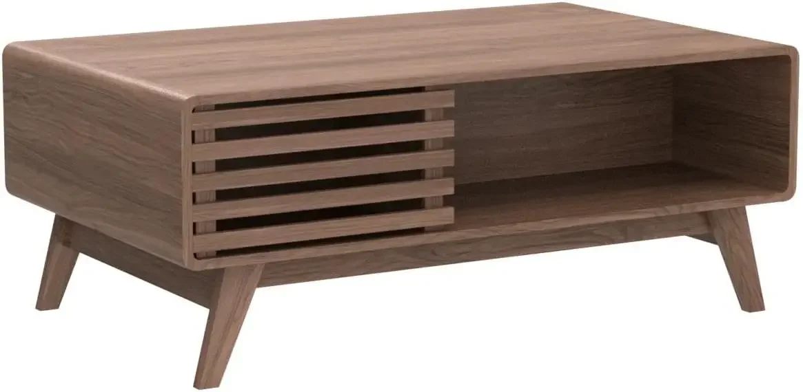 Coffee Table Mid Century Modern with Storage Farmhouse Wood for Living Room Fluted (Walnut)