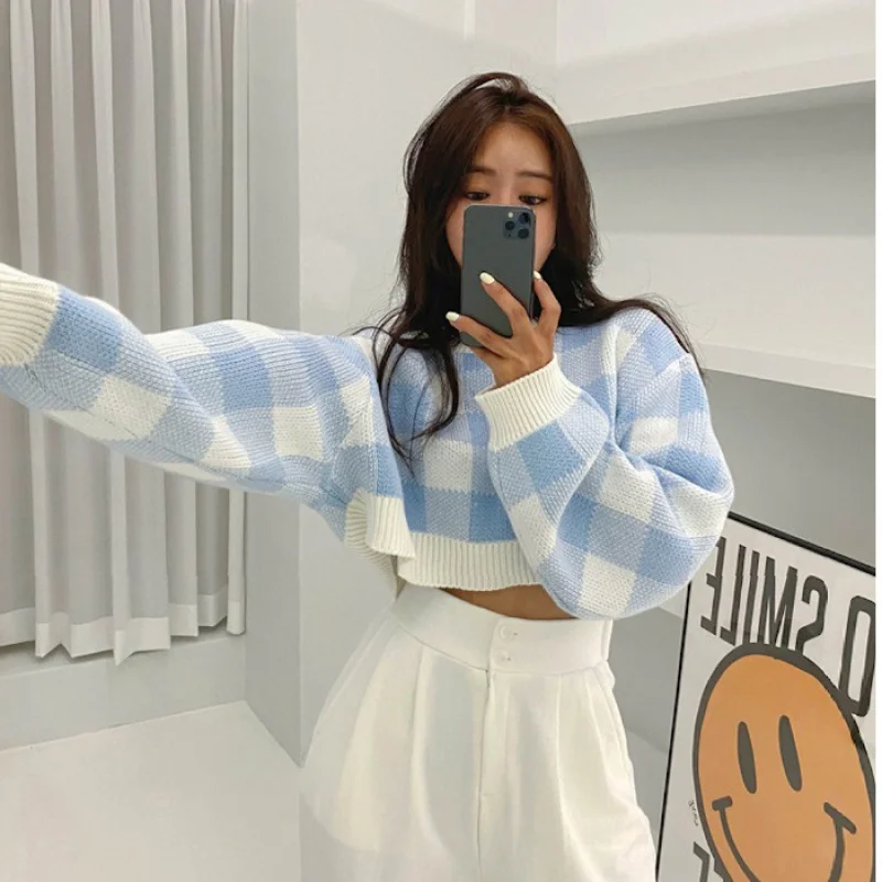

Gentle wind checkerboard plaid long-sleeved sweater