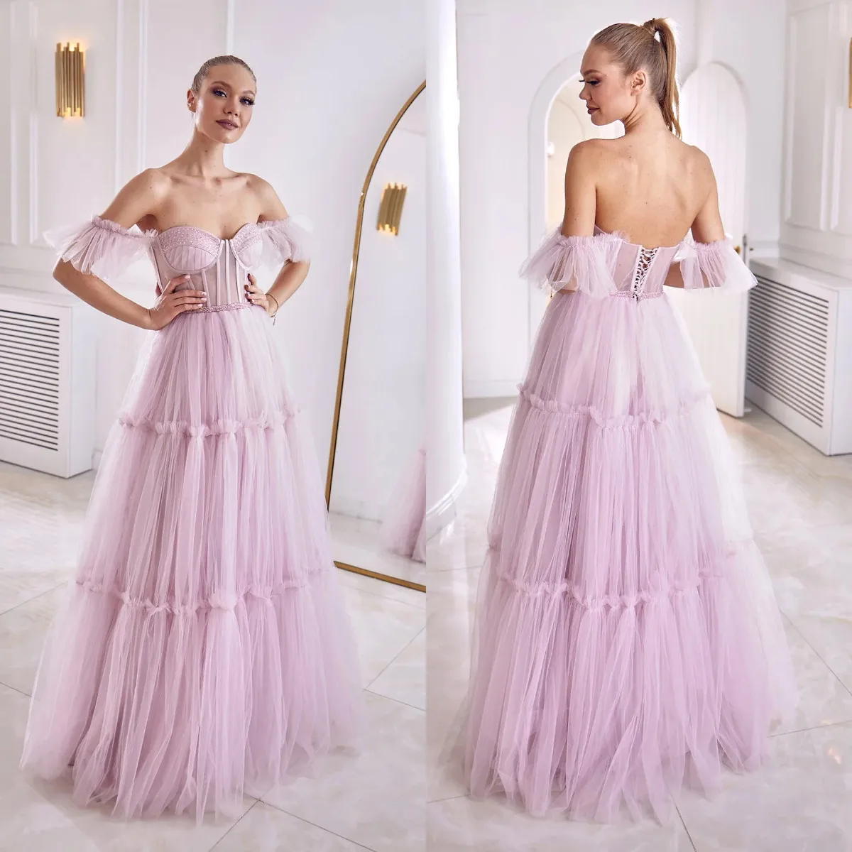 

Elegant Pink Tulle Evening Dresses Off Shoulder Sweetheart A Line Prom Gowns Ruffles Floor Length Graduation Party Women Dresses