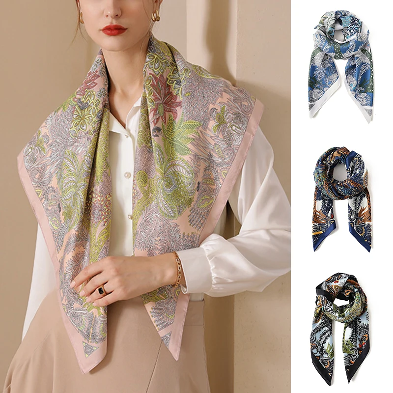

Women Scarf Printed Square Scarf Beach Sun Pack Headscarf Vintage Imitation Print Silk Scarves Smooth Hijab Large Scarf Spring
