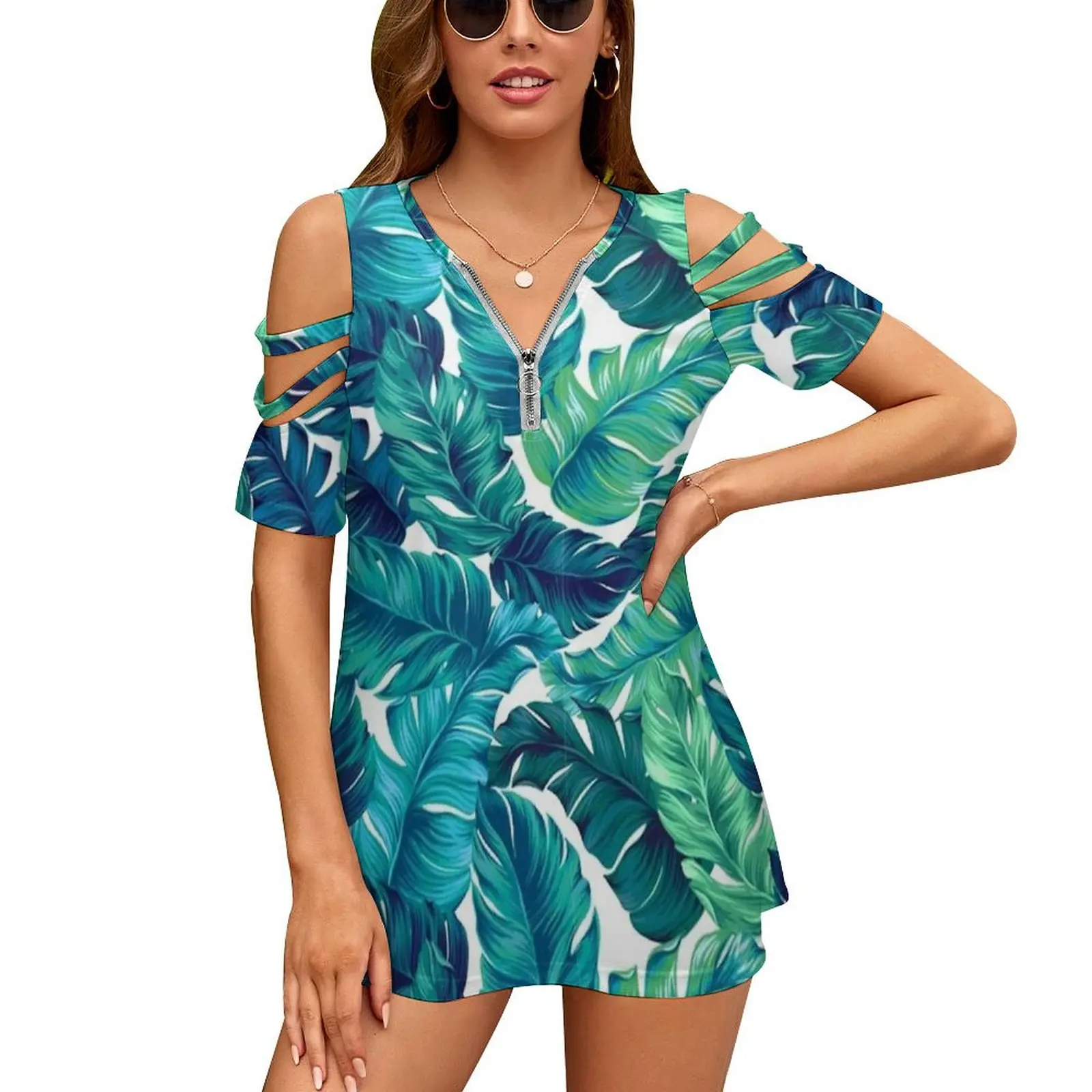 

Funky Banana Leaf Pattern. New Fashion Zip Off Shoulder Top Short-Sleeve Women Shirt Tropical Banana Leaf Pattern Seamless