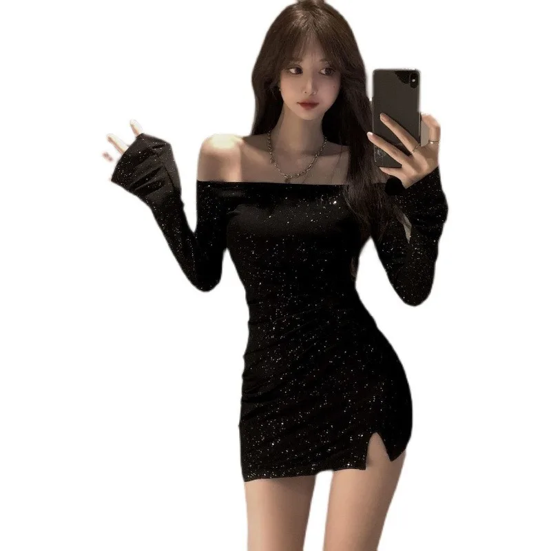 

Super Spicy One-shoulder Sweet And Spicy Black Dress With Waist And Thin Slits Fashion Age-reducing Hip Skirt Women