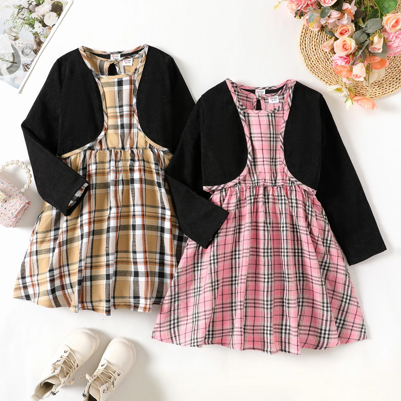 

PatPat 2pcs Kid Girl Plaid Long-sleeve Dress and Black Cardigan Set