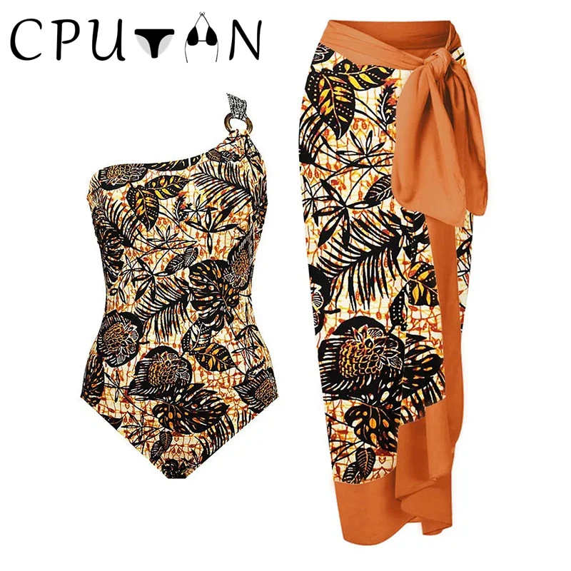 

CPUTAN 2023 New Sexy One Piece Shoulder Swimsuit Bikini Cover Up Vintage Summer Women Print Swimwear Beach Skirt Swimming Suit