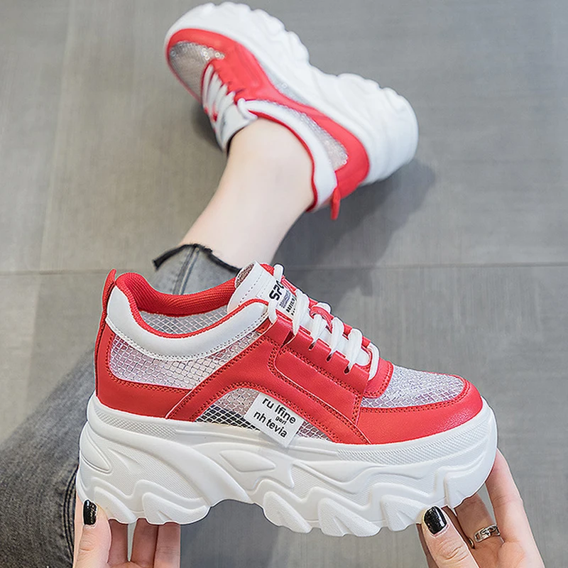 9cm Genuine Leather Women Sneakers Air Mesh Breathable Casual Sandals Hollow Platform Wedge Chunky 2023 Lace Up Summer Shoes