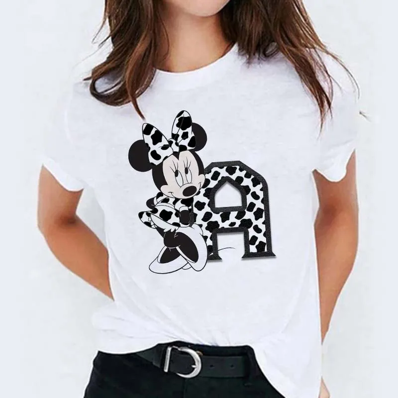 

Kawaii Disney Cartoon Fashion Woman Blouses 2023 Summer Women's T-shirts Mickey Mouse Minnie Letter 90S White Tops Dropshipping