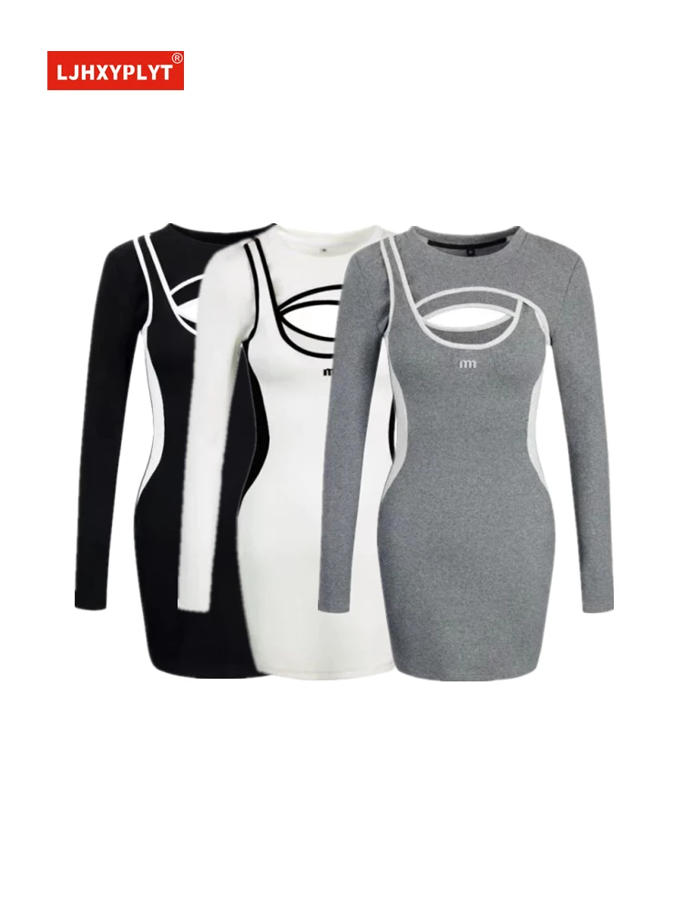 

Hollow Contrast Color Knitted Long-sleeve Dress Women's Spring Summer Vacation Two-piece Round Neck Slim Sexy Short Skirt Female