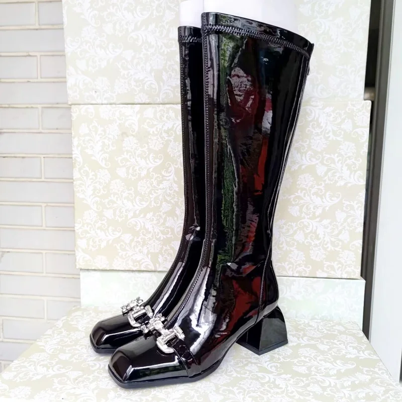 European pop print mesh+ leather knee high boots for women sexy lady square toe riding boots summer wedge autumn boots high heel