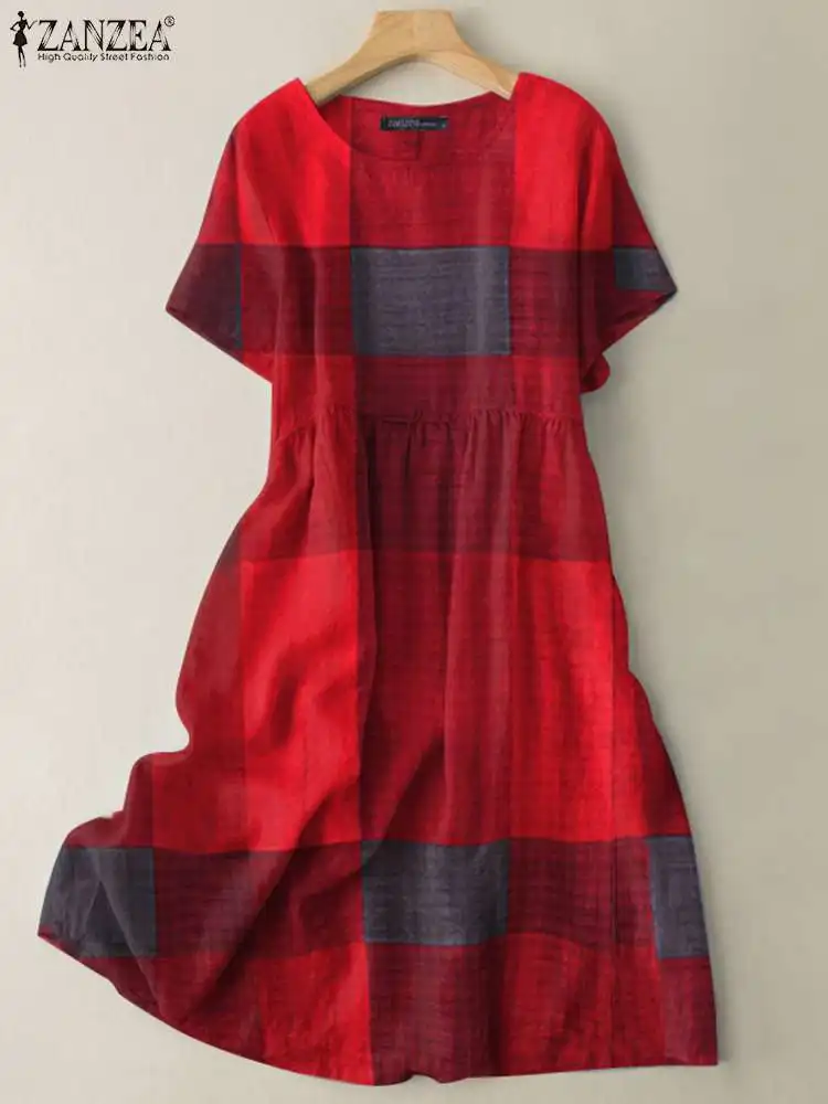 

Женское винтажное клетчатое платье ZANZEA, летнее платье миди с коротким рукавом, повседневный свободный сарафан в клетку с круглым вырезом, п...