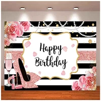 Pink Floral Happy Birthday Photography Backdrop For Women Glitter Rose Gold High Heel Background Black White Stripes Decoration