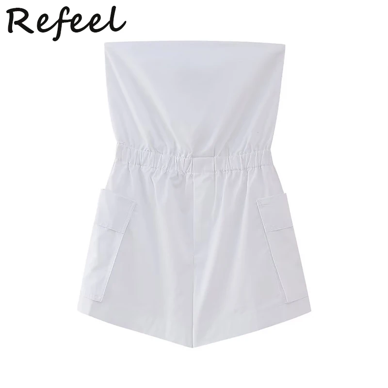 

Refeel Summer Women Bodysuits New 2023 Pocket Decoration Windbreaker-Fabric Elastic Waist Strapless Rompers White Slash Neck
