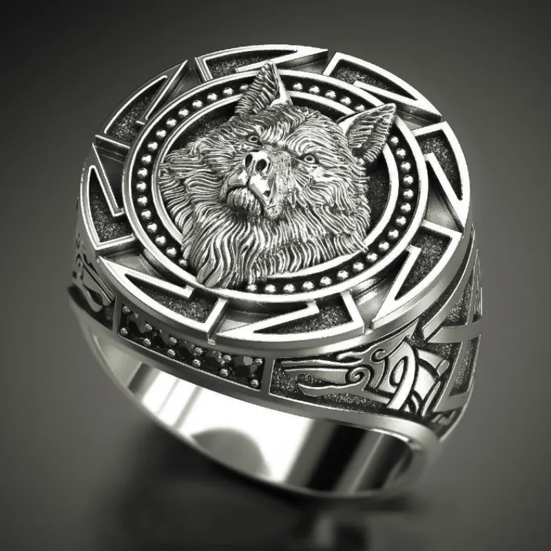

Men's 925 Vintage Wolf Totem Thai Silver Ring Nordic Mythology Viking Warrior Wolf Head Men's Ring