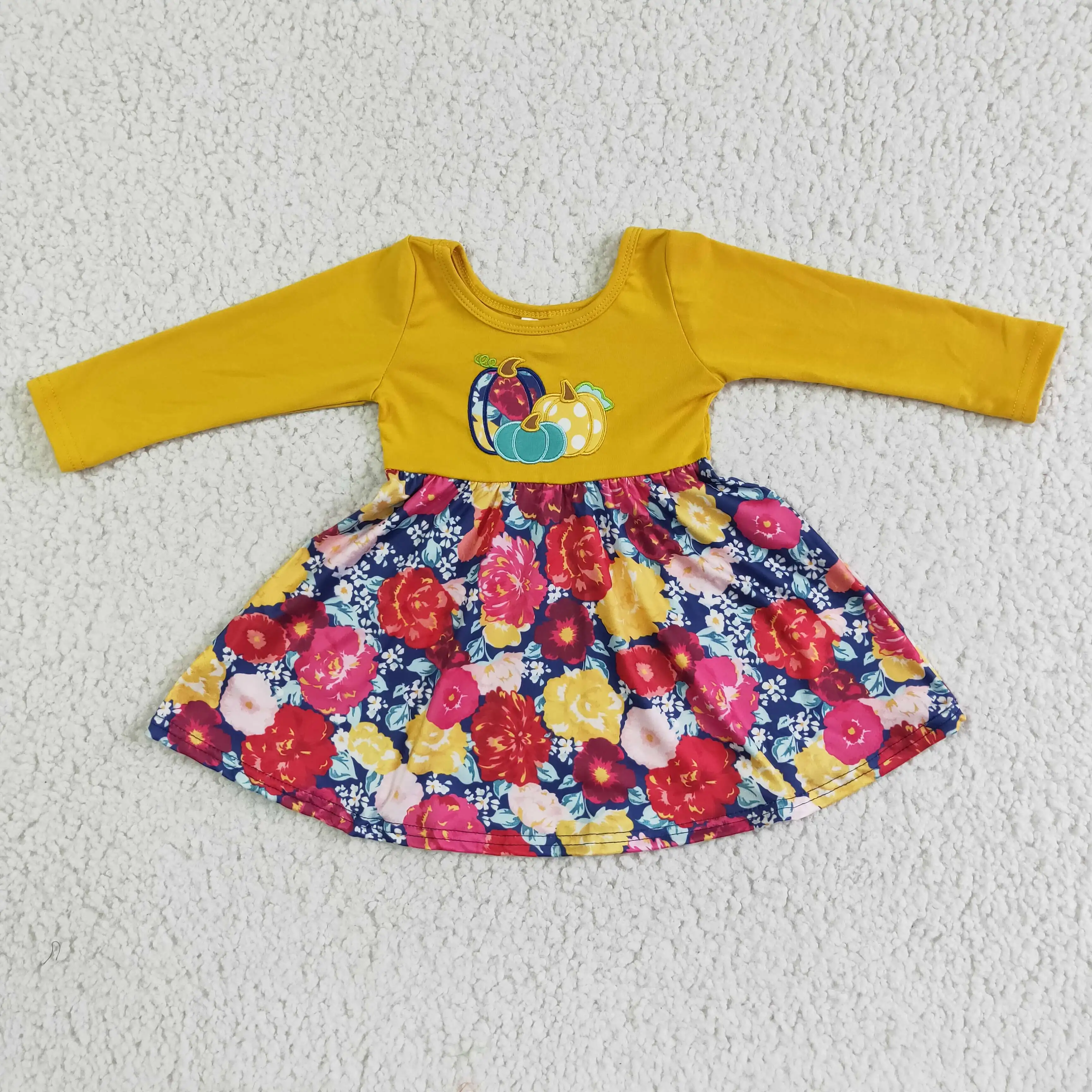 

GLD0003 halloween girl yellow long sleeve frock kids flowers pattern twirl dress