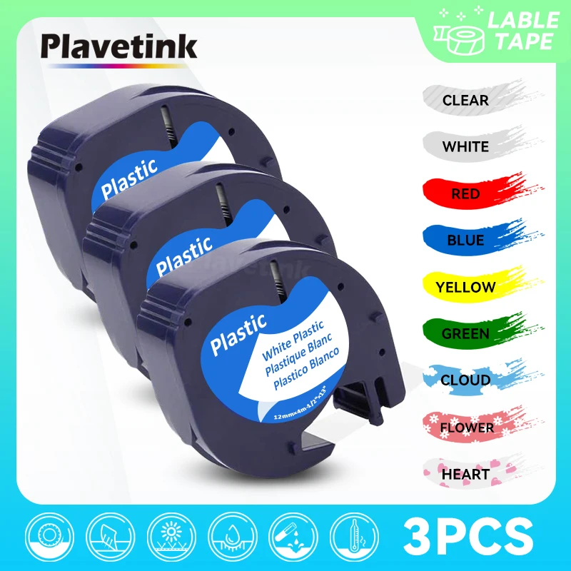 

PLAVETINK 3PK Compatible 12mm*4m Black on white for Dymo Letratag Plastic Tape 91331 91201 12267 18769 18771 for LT-100H LT-100T