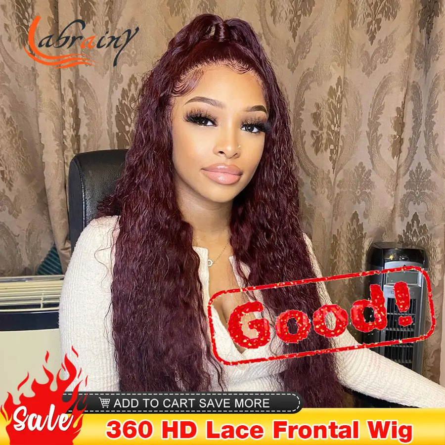 

360 Lace Front Brazilian Human Hair Curly Wigs Burgundy Colored Red 13x4 HD Lace Frontal Deep Wave Wig 99J Full Women Water Wave