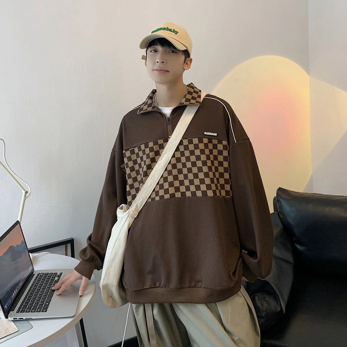 

Privathinker, вафельные Лоскутные мужские свитшоты, клетчатые свободные Harajuku Пуловеры на молнии, модная мужская одежда с воротником-стойкой в Кор...