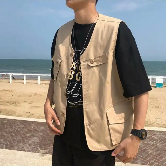 2023 Summer Fashion Men Solid  Cool Boy Casual Loose Tess Button Vest Jacket Pocket Sleeveless Versatile Working Suit Pocke