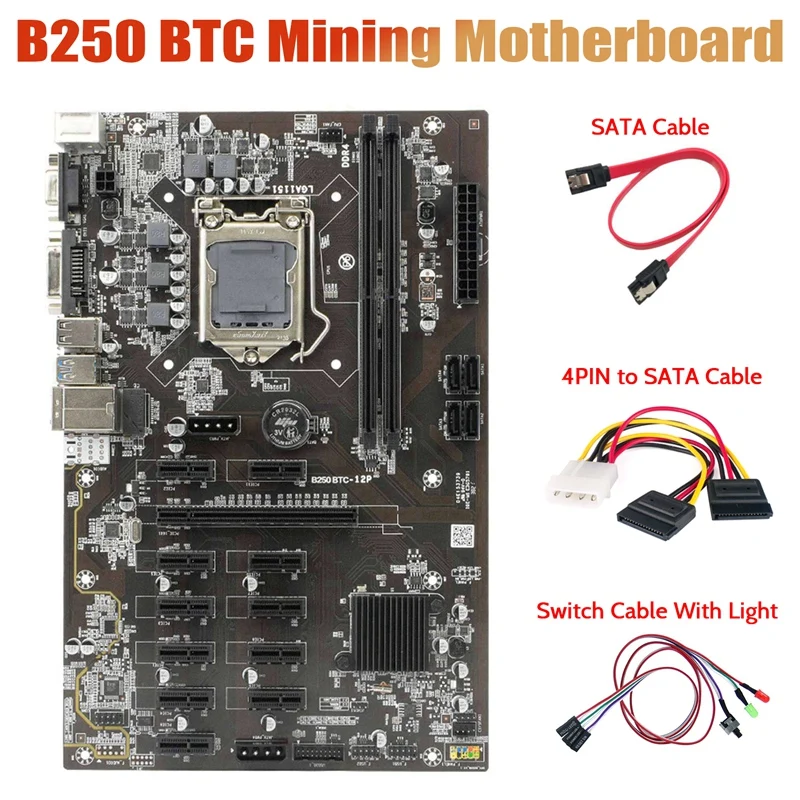 

B250 BTC Mining Motherboard With Switch Cable With Light+4PIN To SATA Cable+SATA Cable12xgraphics Card Slot LGA 1151