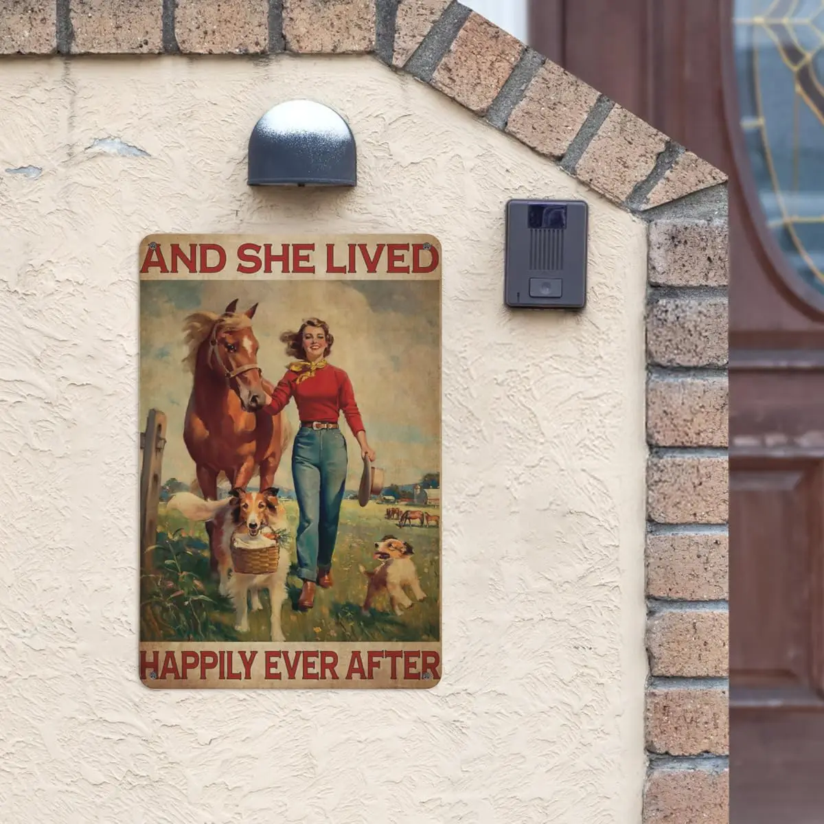 Металлическая Оловянная фотография SORECI-винтажная девушка с лошадью и собакой