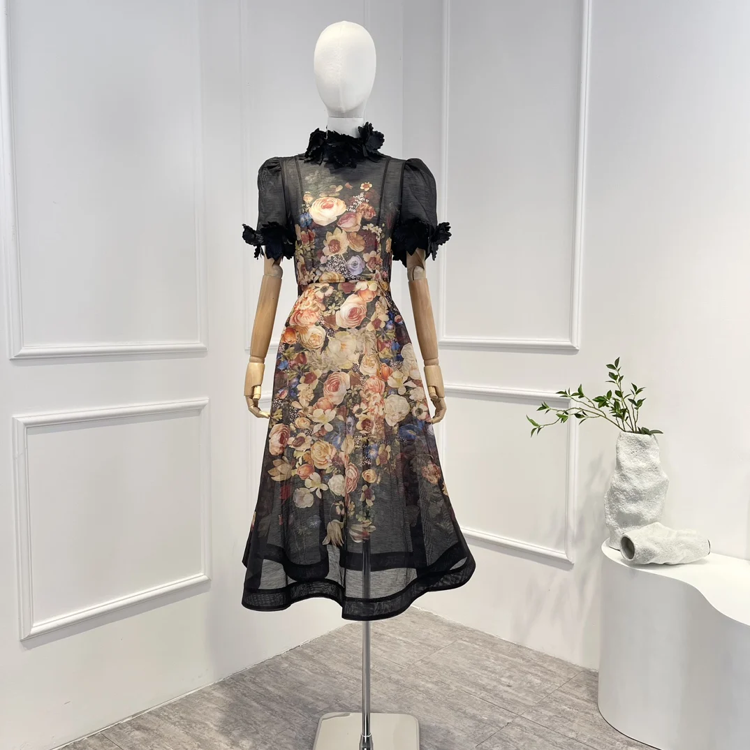 

2023 New Silk Linen High Quality Spring Summer Appiques Vintage Floral Printing Short Sleeve Woman Midi Dress