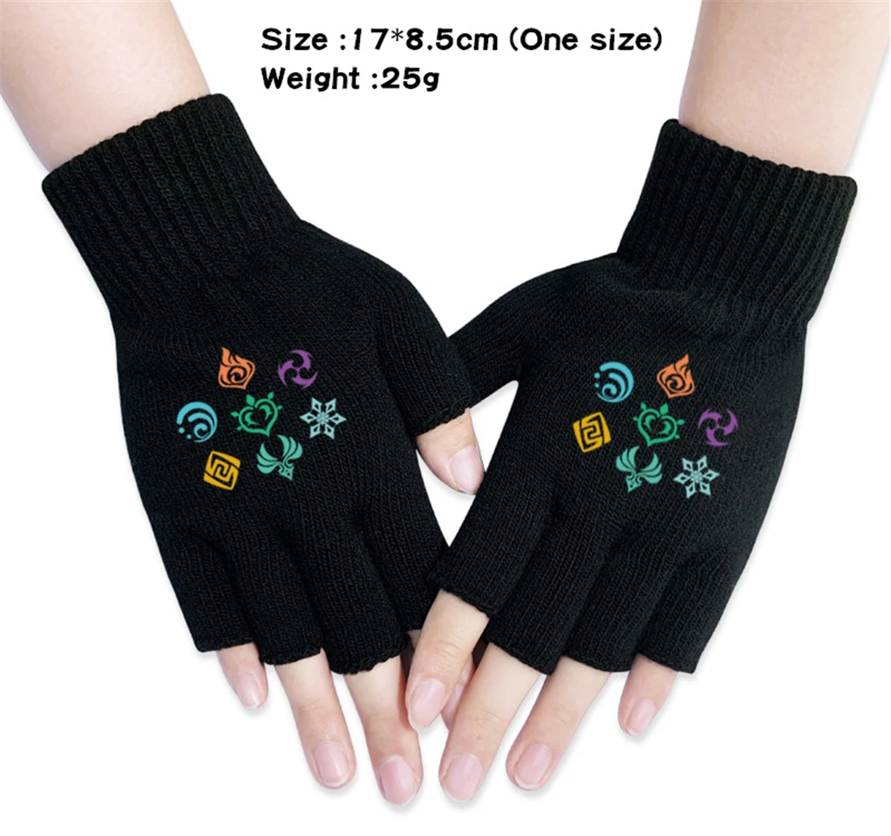

Genshin Impact Knitted Cycling Half Finger Gloves Boys Girls Autumn Winter Warm Black Cosplay Cartoon Print Mittens Student Gift