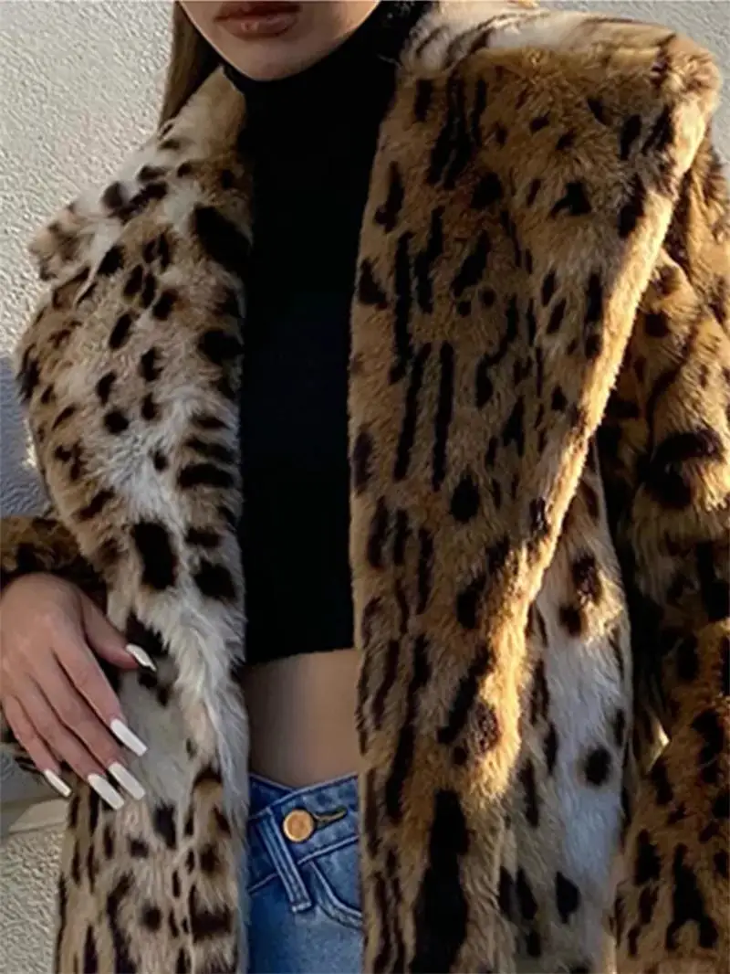 Women's Clothing Autumn And Winter 2022 New Leopard Print Imitation Fur Coat  Fashion Suit Collar  Long