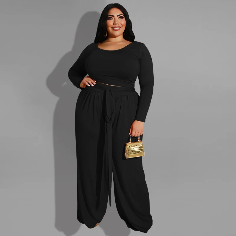Plus Size Sets Solid Long Sleeve Plus Size Women Clothing Two Piece Set for Women Plus Size Matching Sets O-Neck Elastic Waist