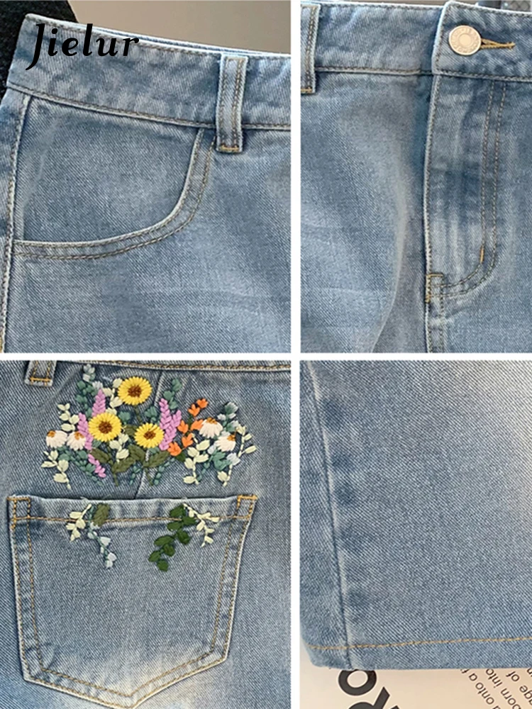 Jielur Светло-синие цветы вышивка ковбойская юбка Леди Лето Новая мода А платье с