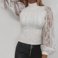 winter white stitching lace long sleeve knitted sweater women fashion new high neck loose casual solid color oversized sweater