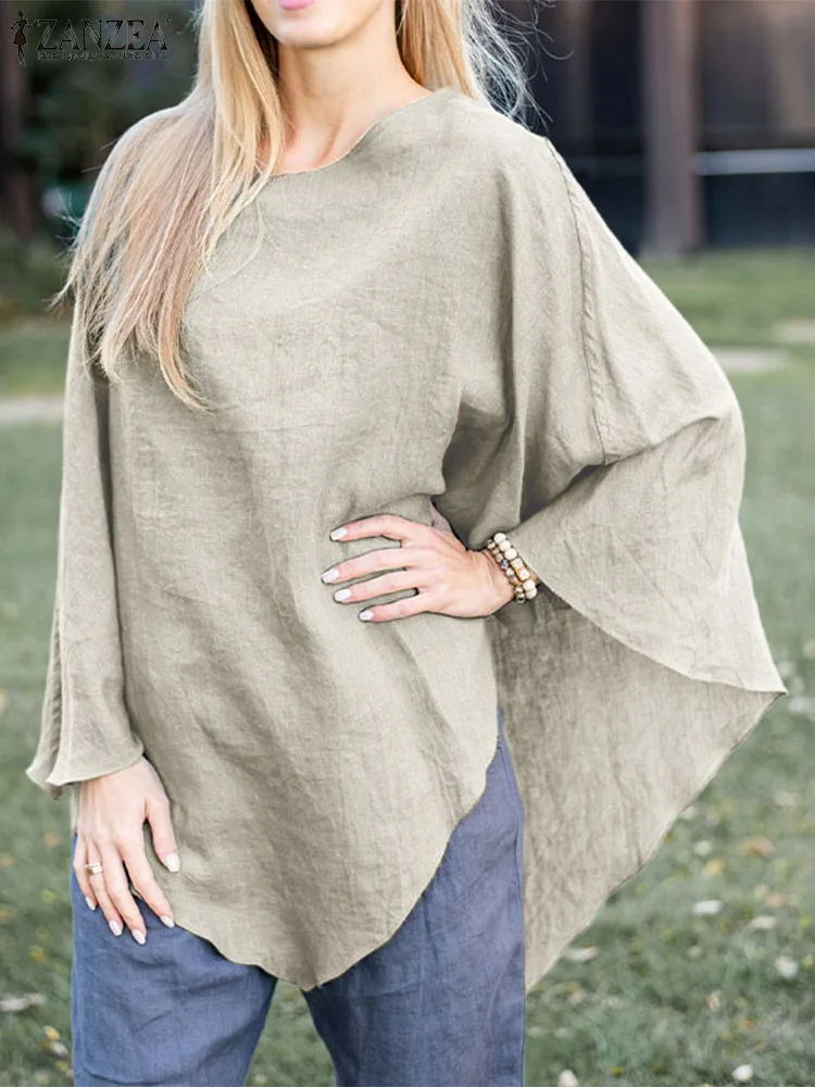 

ZANZEA Pure Cotton Irregular Hem O-Neck Pullover Blouse Autumn Women Full Sleeve Cape Elegant Holiday Vintage Fashion Hoodie