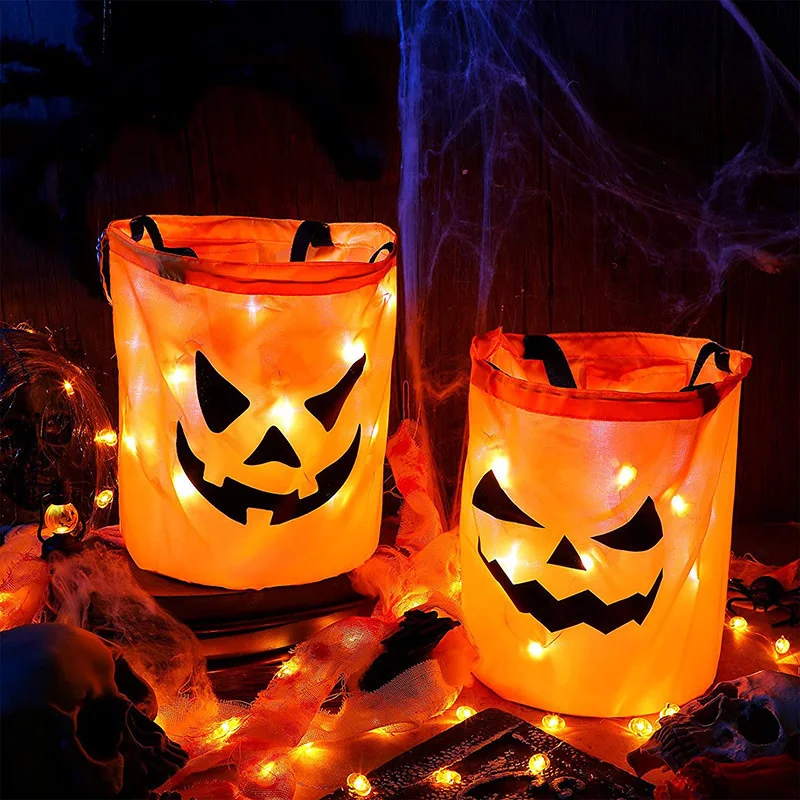

Halloween Decoration Pumpkin LED Light Glowing Pocket Trick Or Treat Bucket Candy Bag Collapsible Thanksgiving Gift Basket