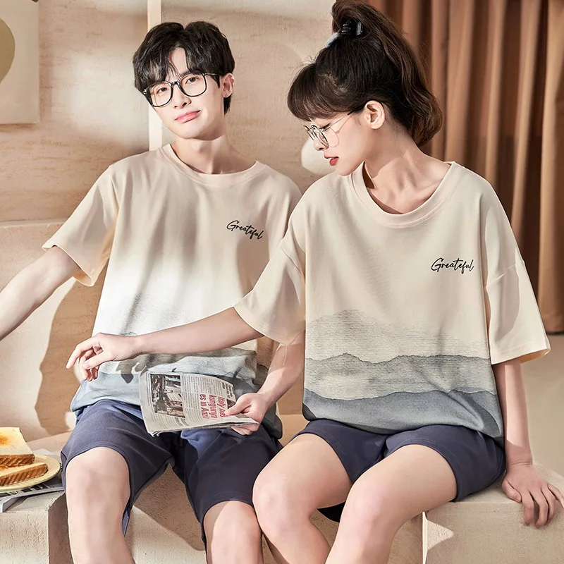 Couple Pajamas Sets Summer Pijamas Cartoon Pyjamas Combed Cotton Lougewear Short Sleeved Men and Women Sleepwear Lover Homewear