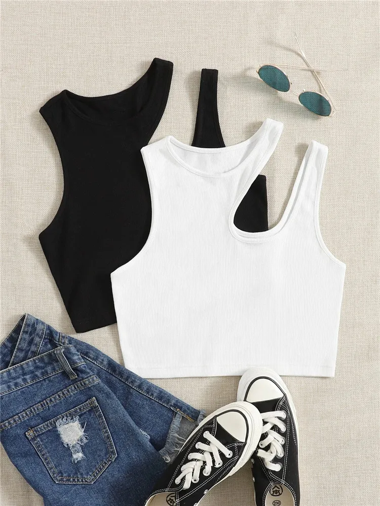 Женский однотонный топ с асимметричным воротником вязаный в рубчик кроп-топ