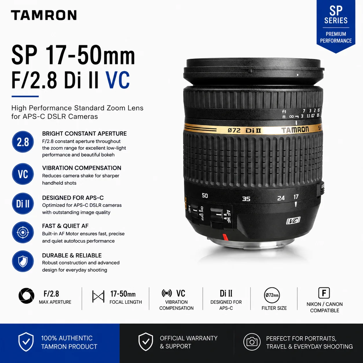 Фото Объектив Tamron SP 17-50mm F2.8 XR Di-lI VC LD с асферическими линзами для камер Canon и Nikon (B005) №1
